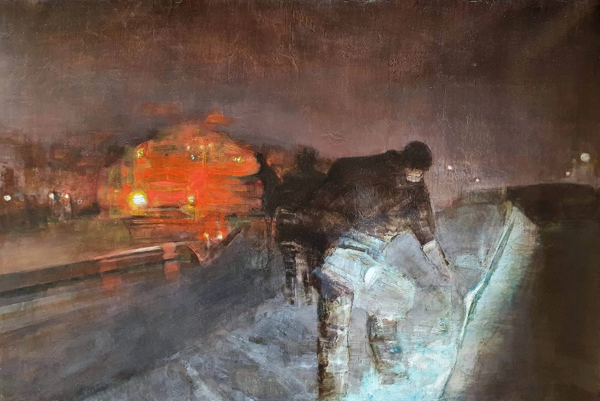 01_Marc Vuillermoz_Amid Blizzard_Oil on wood board_23.62 x 35.43