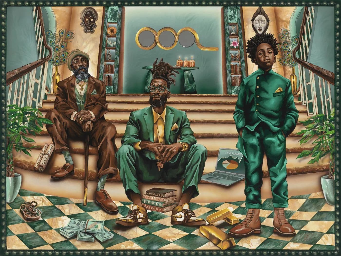 Painting of three figures in green suits on a staircase