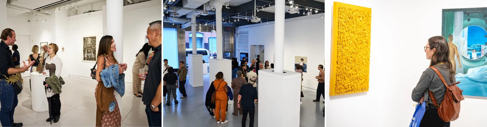 Visitors at an exhibition opening in a Chelsea gallery